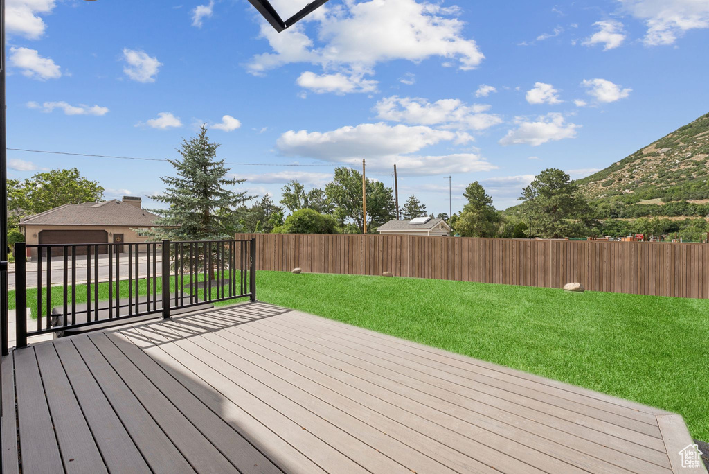 Wooden deck with a fenced backyard