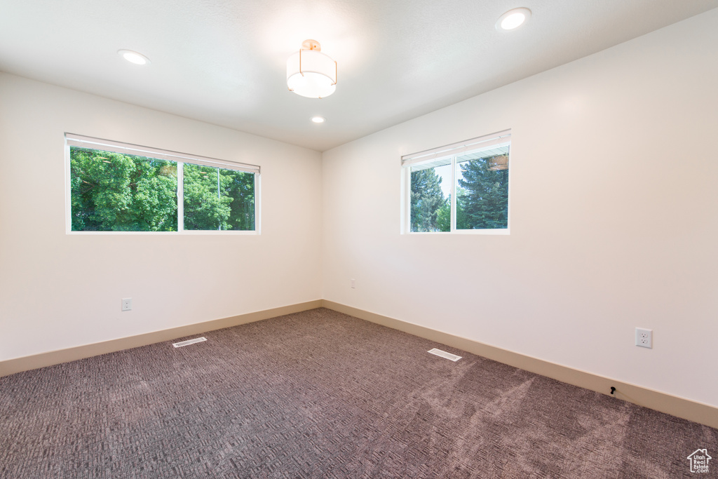 Carpeted spare room featuring plenty of natural light, recessed lighting, and baseboards