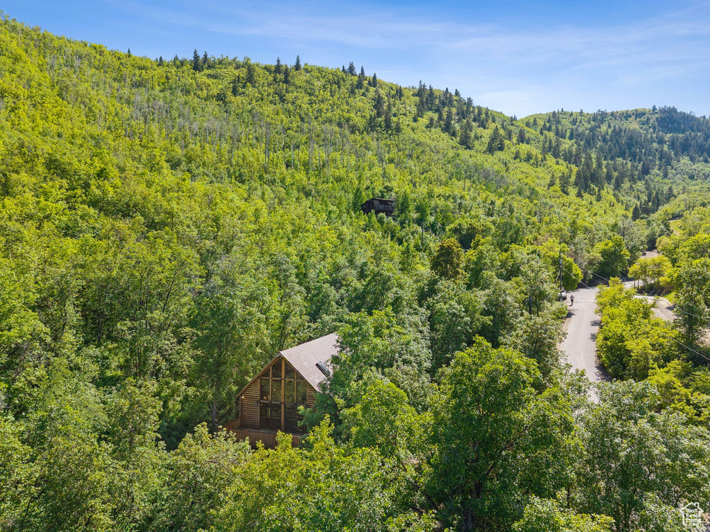 View from above of property with a forest