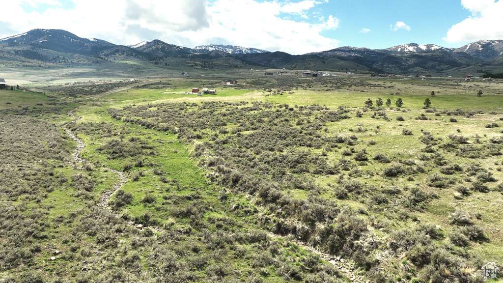 View of mountain backdrop with rural landscape