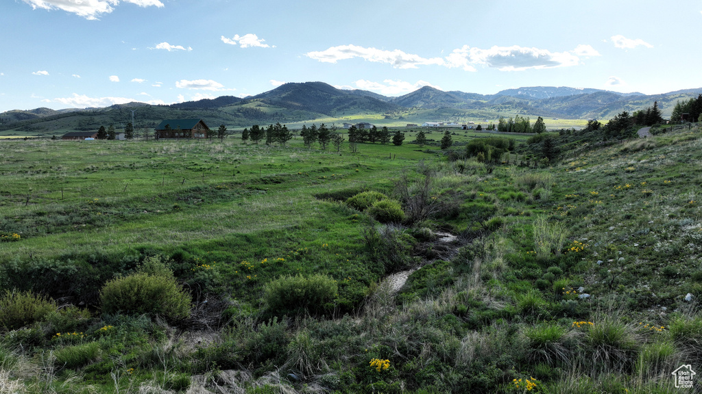 Mountain view with rural landscape and agricultural land
