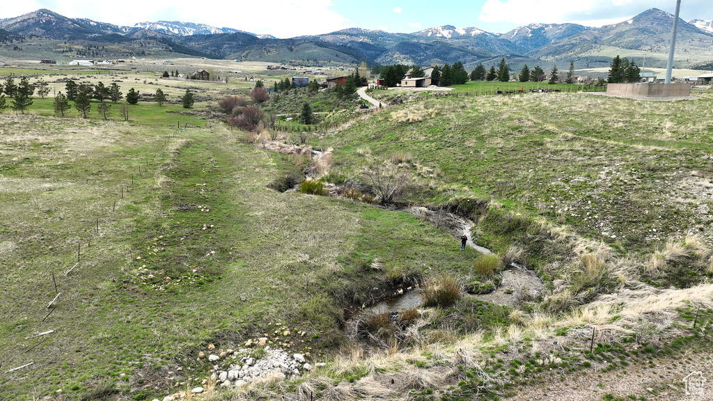 View of mountain background featuring rural landscape