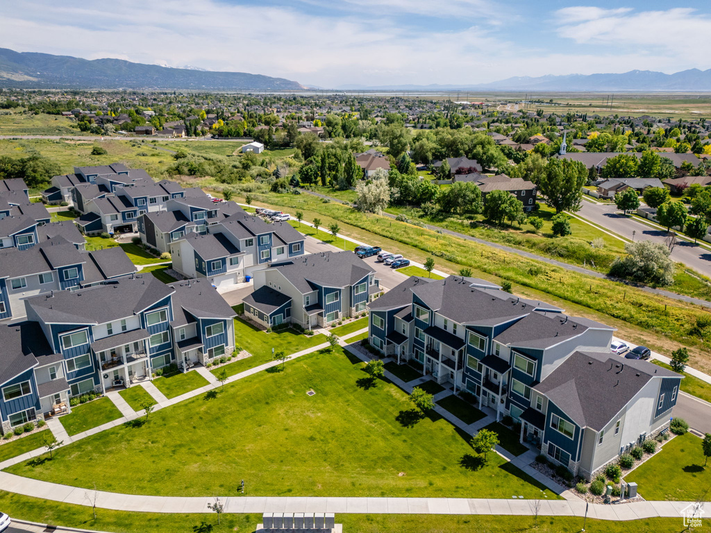 Aerial perspective of suburban area with mountains