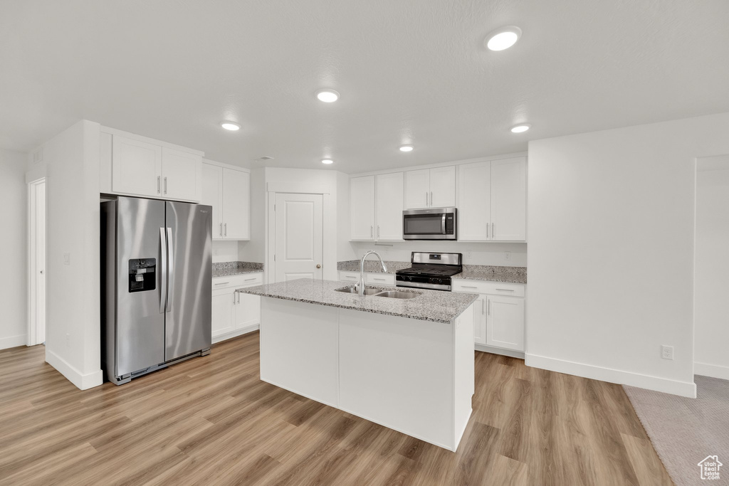Kitchen with stainless steel appliances, a sink, recessed lighting, light wood-type flooring, and white cabinetry