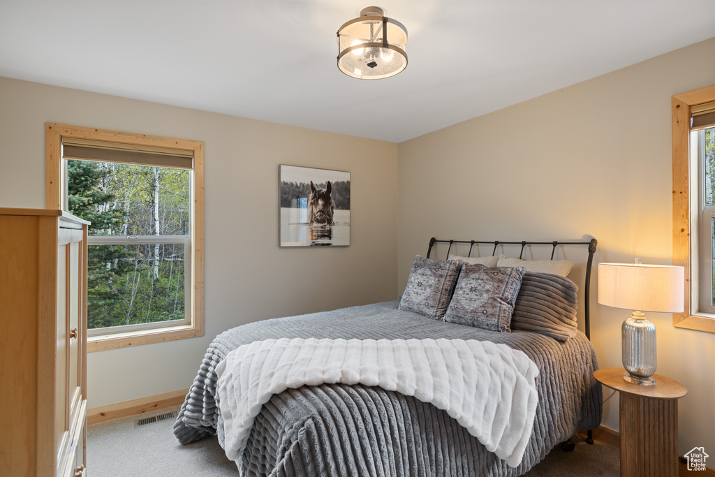Carpeted bedroom with baseboards