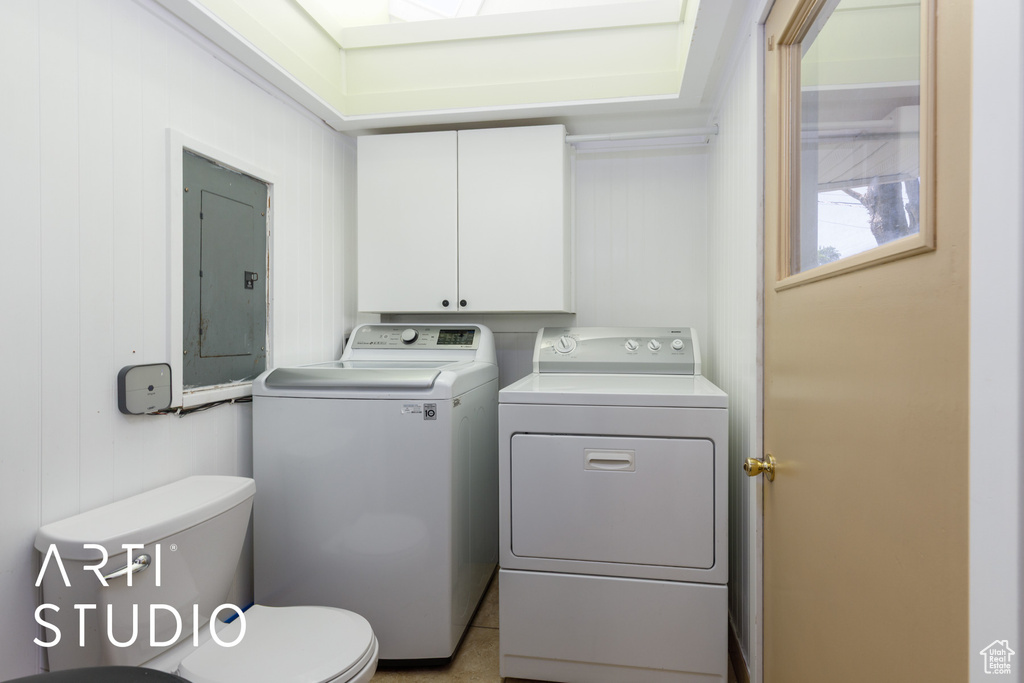 Laundry room featuring electric panel and separate washer and dryer