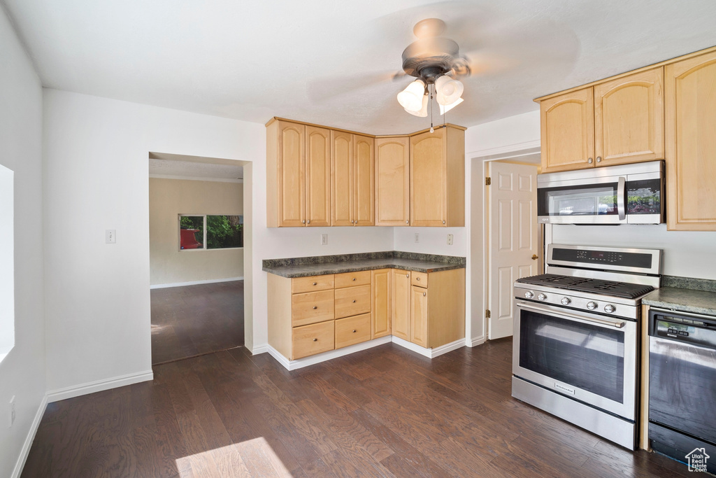 Kitchen with stainless steel appliances, light brown cabinetry, and dark countertops