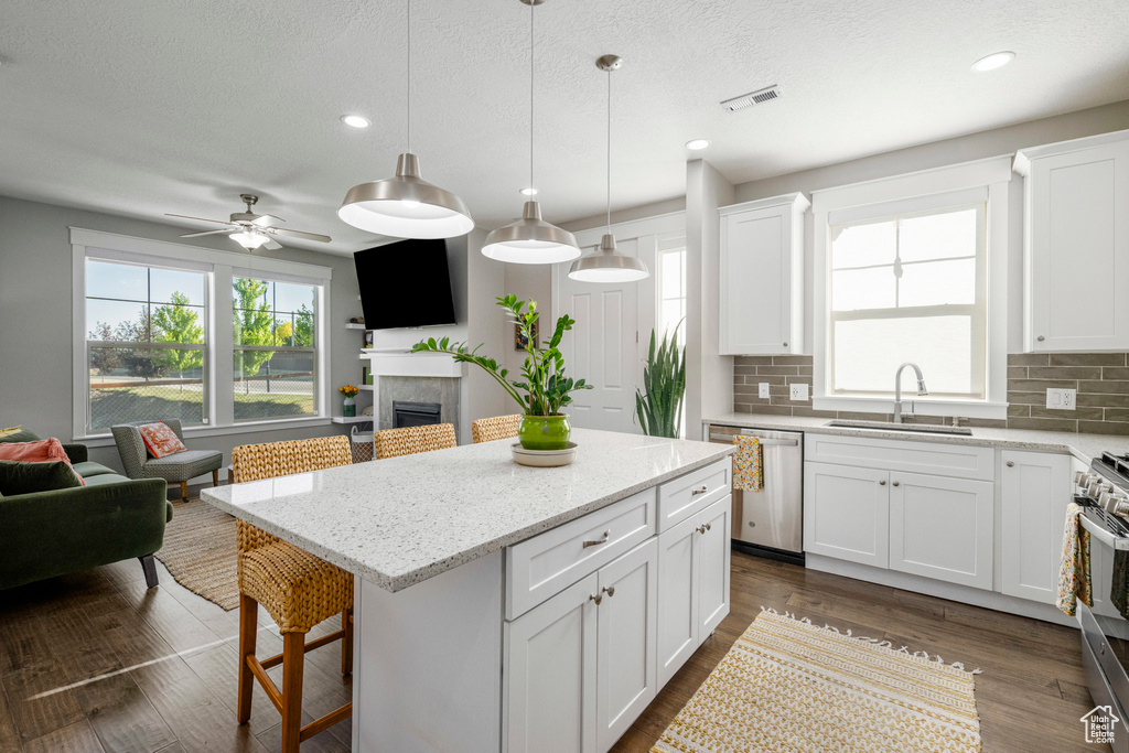 Kitchen with appliances with stainless steel finishes, a sink, open floor plan, healthy amount of natural light, and recessed lighting