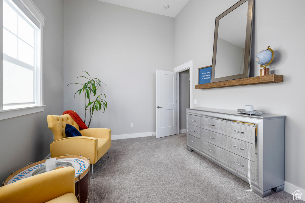 Living area with light carpet and baseboards