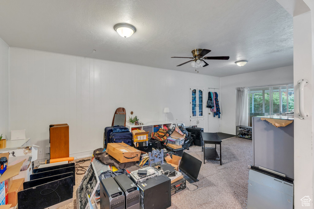 Miscellaneous room featuring a ceiling fan and carpet