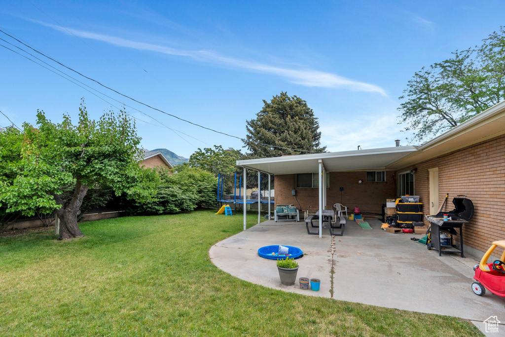 View of green lawn with a trampoline and a patio