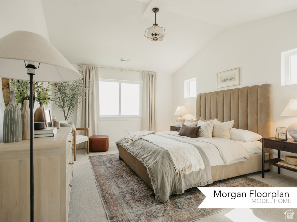 Bedroom with carpet flooring and lofted ceiling