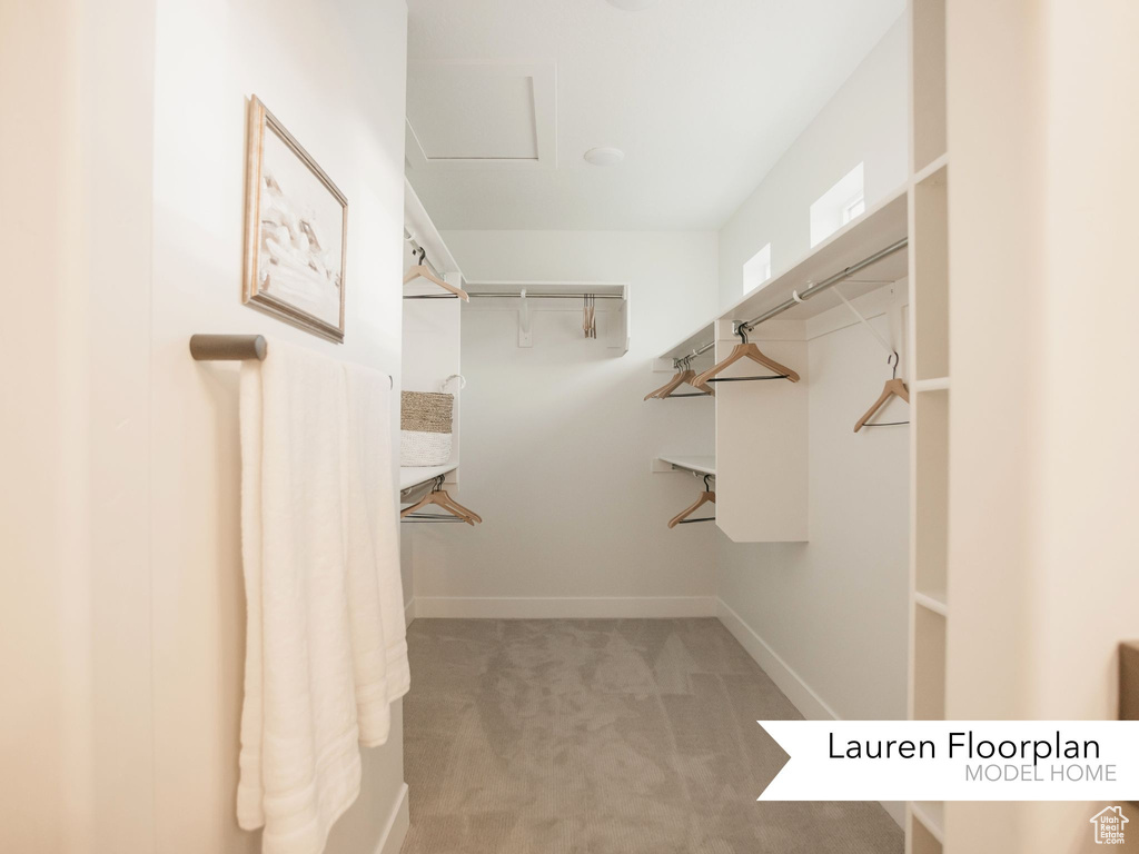 Walk in closet with light colored carpet