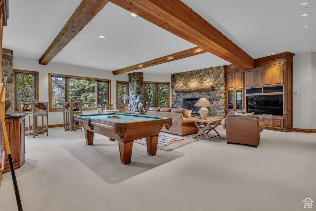 Recreation room featuring recessed lighting, beam ceiling, billiards table, light carpet, and baseboards