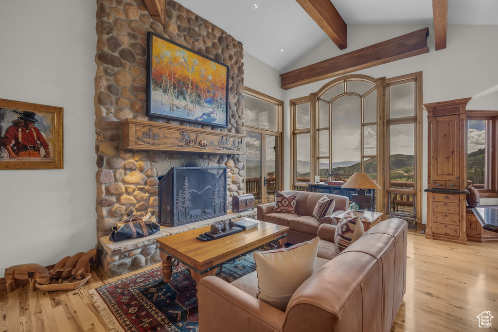 Living area with a stone fireplace and light wood-type flooring