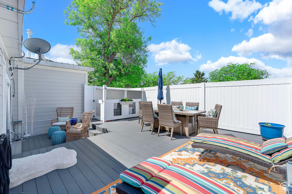 Deck featuring outdoor dining space and a fenced backyard