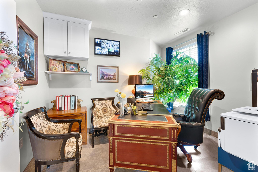 Office featuring a textured ceiling