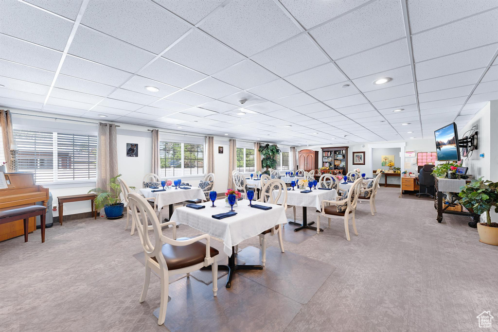 Dining space featuring a drop ceiling, light carpet, and recessed lighting