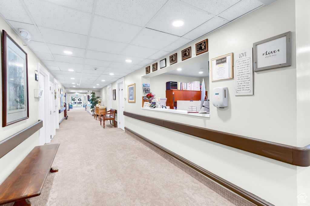 Hallway featuring carpet flooring, a paneled ceiling, and recessed lighting