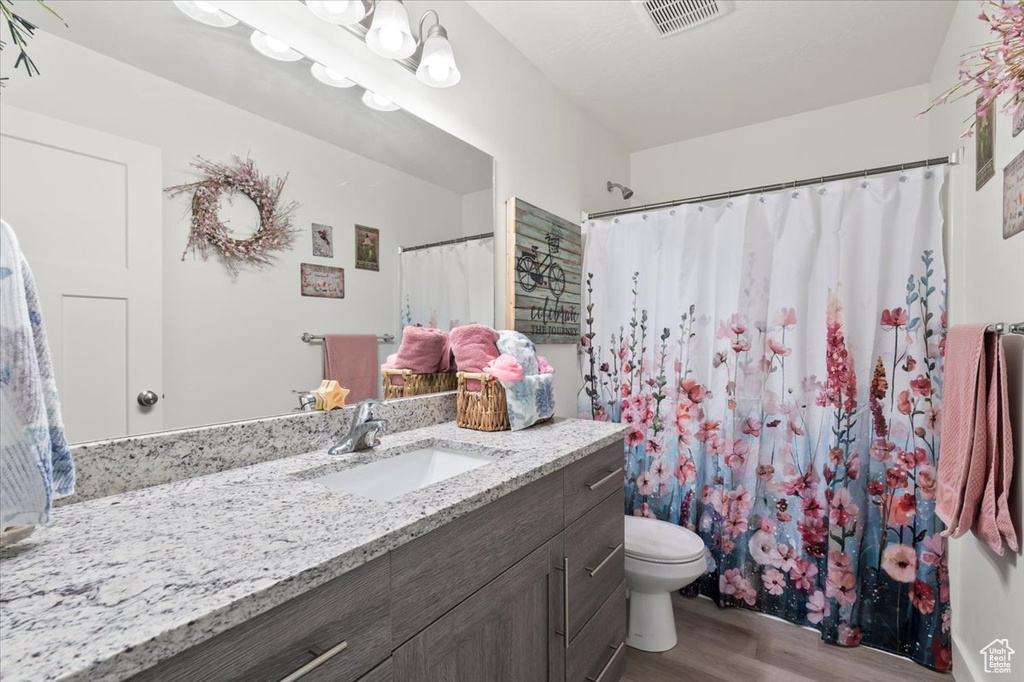 Full bath featuring wood finished floors, vanity, toilet, and a shower with shower curtain
