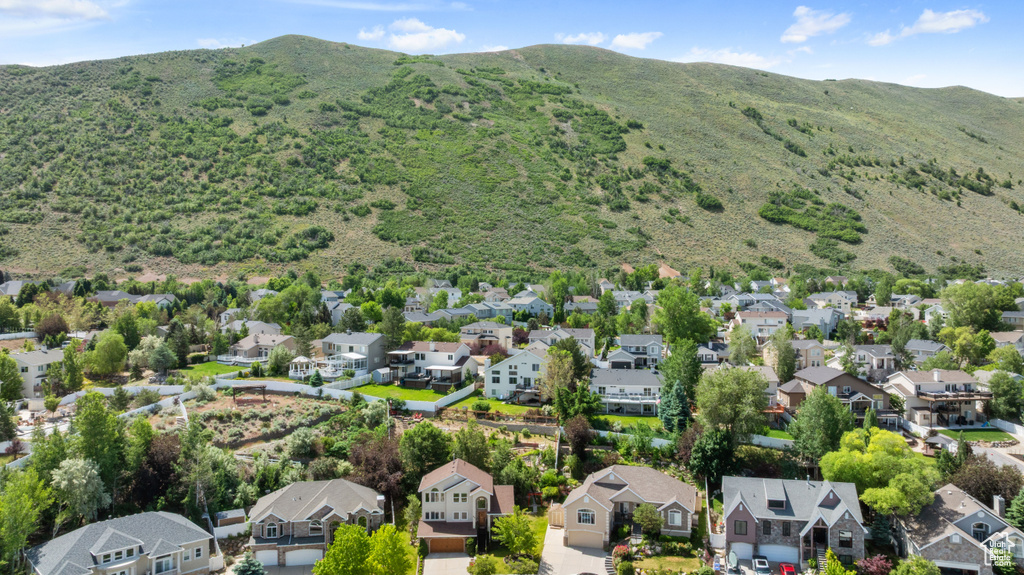 Aerial view of residential area with a mountain backdrop