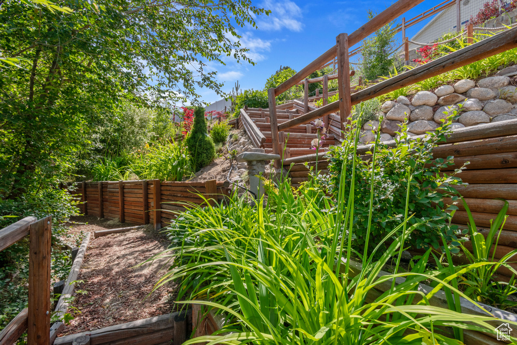 View of yard featuring stairway