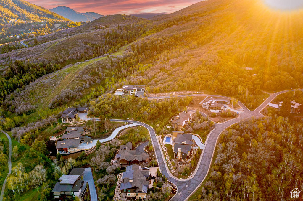 Aerial view at dusk of a mountain view and a view of trees