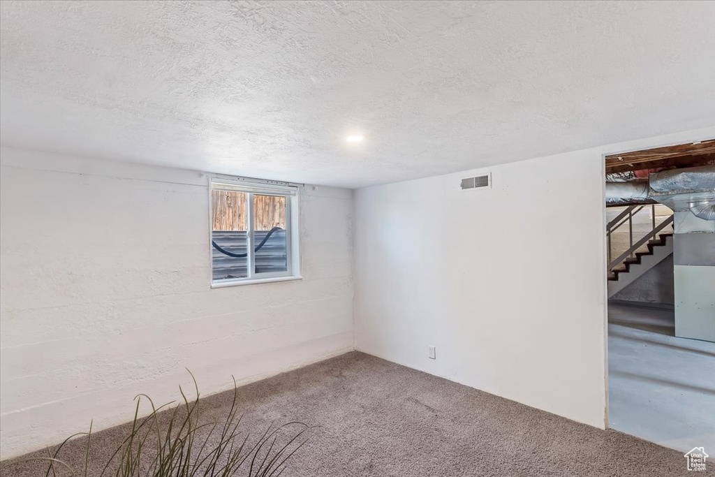 Below grade area featuring a textured ceiling and carpet