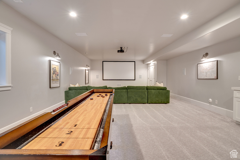 Cinema featuring baseboards, recessed lighting, and carpet floors