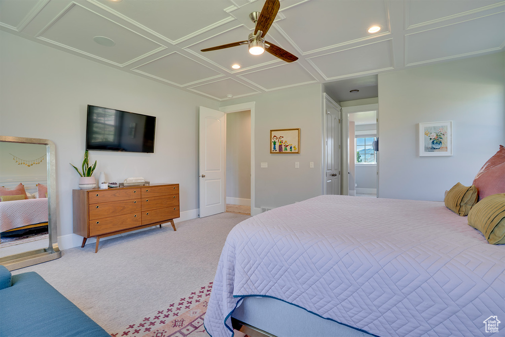 Bedroom with attic access, a ceiling fan, carpet floors, recessed lighting, and coffered ceiling