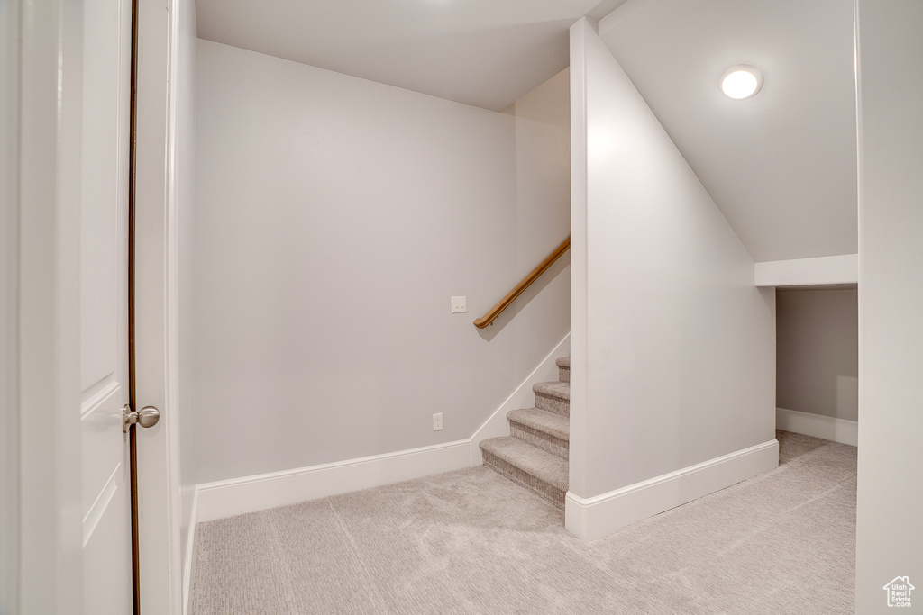 Stairs with carpet floors and baseboards
