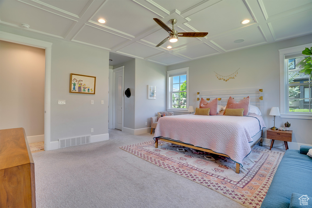 Bedroom featuring coffered ceiling, baseboards, ceiling fan, carpet flooring, and recessed lighting