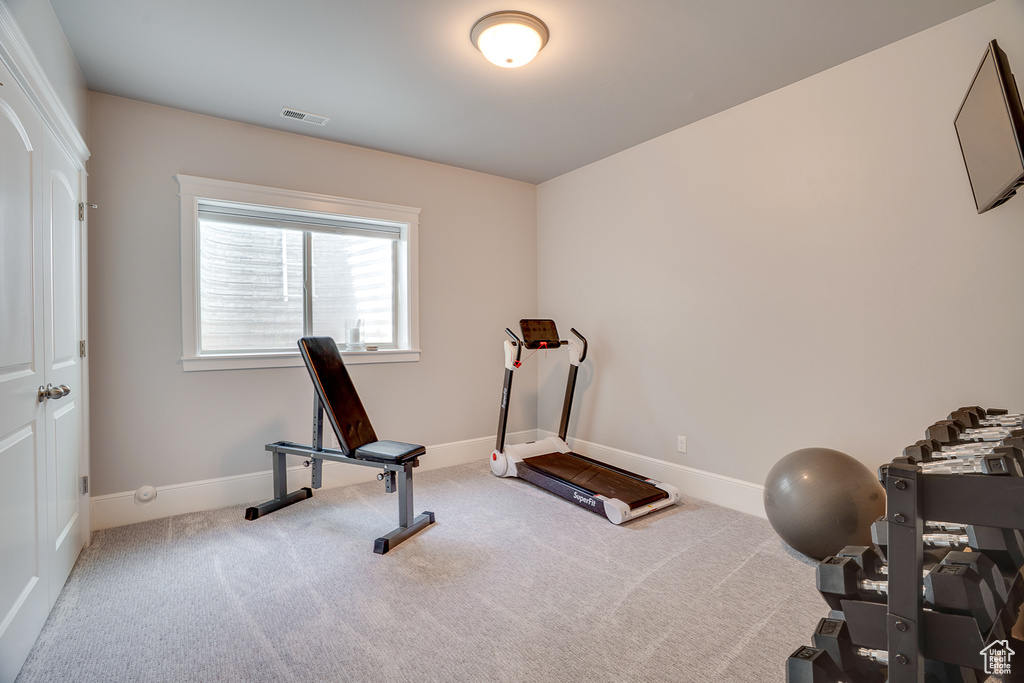 Exercise room featuring carpet floors and baseboards