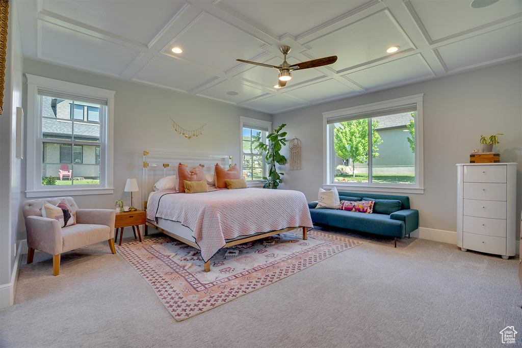 Bedroom featuring coffered ceiling, carpet flooring, recessed lighting, baseboards, and ceiling fan