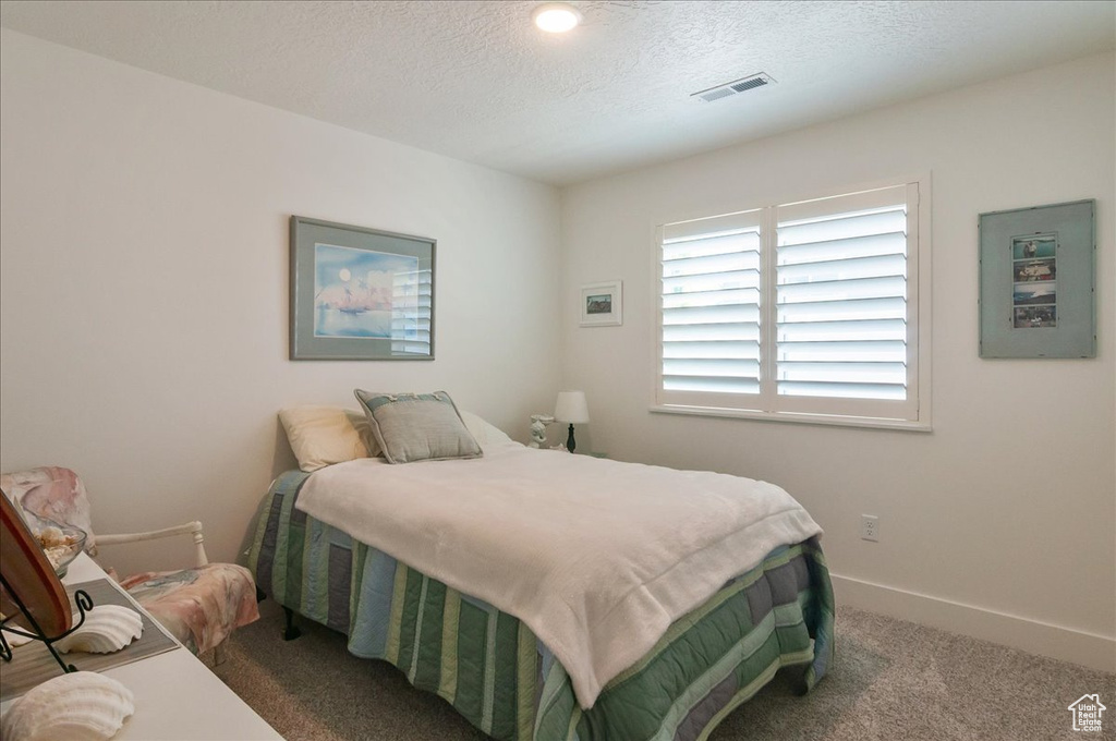 Bedroom featuring carpet flooring, a textured ceiling, and baseboards