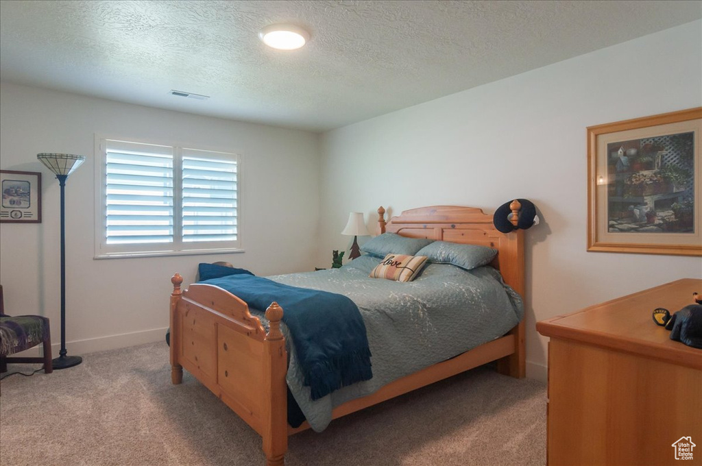 Bedroom featuring carpet, a textured ceiling, and baseboards
