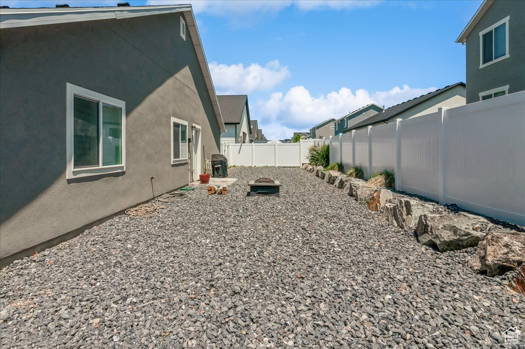 Fenced backyard with a residential view