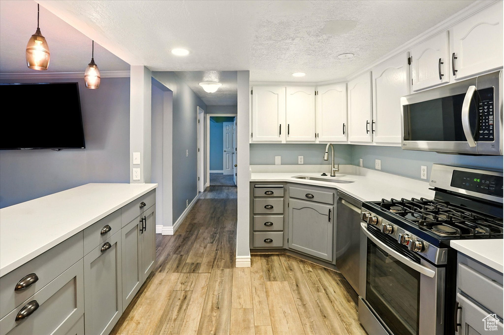 Kitchen featuring appliances with stainless steel finishes, a sink, gray cabinetry, light wood-style flooring, and light countertops