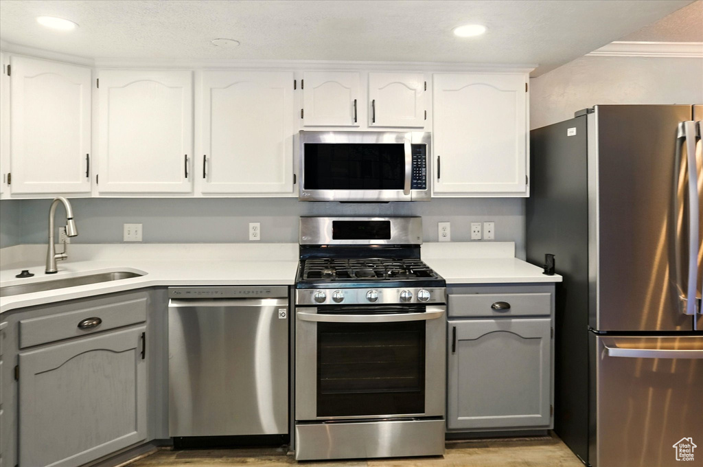 Kitchen featuring stainless steel appliances, a sink, gray cabinetry, light wood finished floors, and crown molding