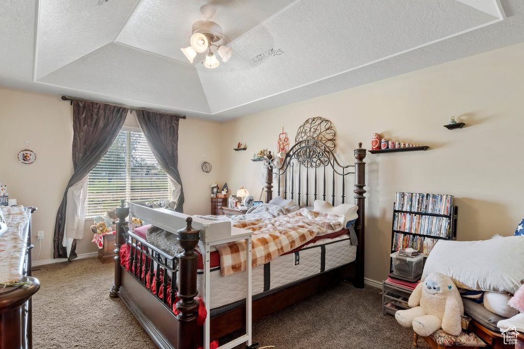 Carpeted bedroom featuring a textured ceiling, baseboards, a tray ceiling, and vaulted ceiling