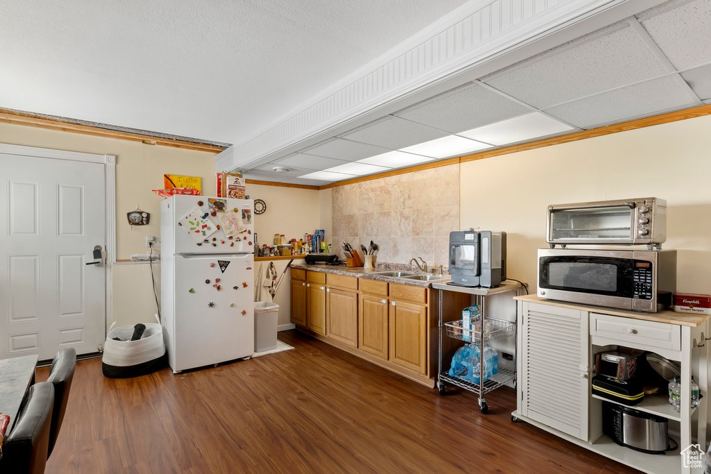 Kitchen featuring freestanding refrigerator, stainless steel microwave, a sink, and dark wood-type flooring