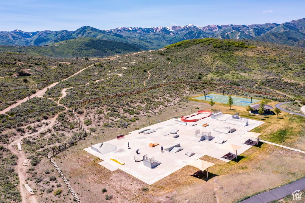 Bird's eye view of a mountainous background
