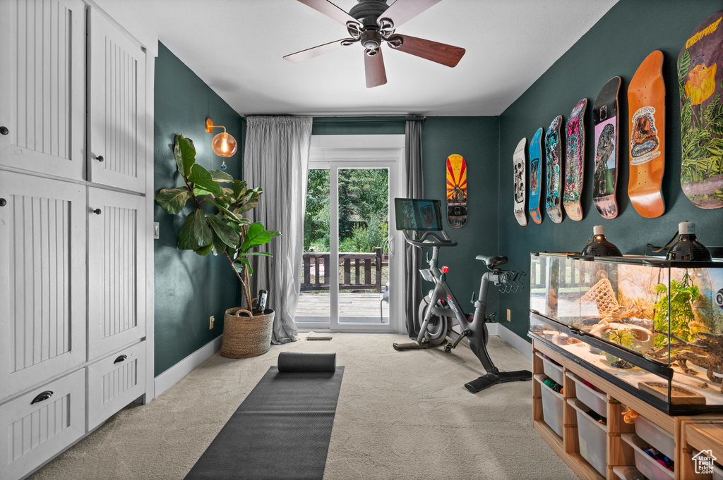Workout area featuring carpet flooring, a ceiling fan, and baseboards