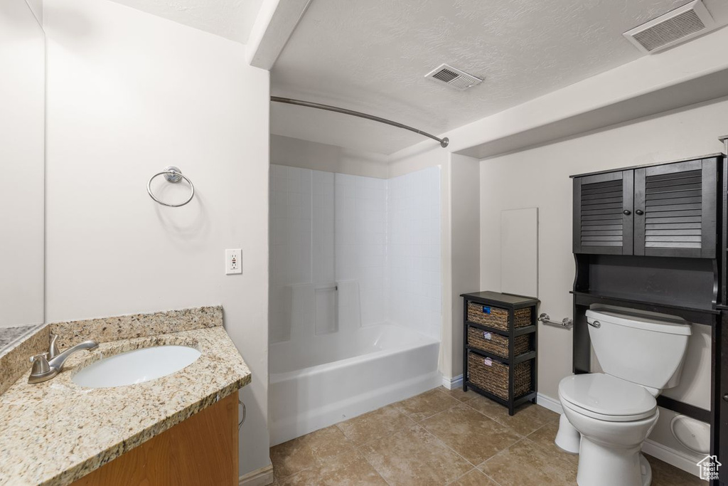 Bathroom featuring toilet, vanity, shower / bathing tub combination, and visible vents