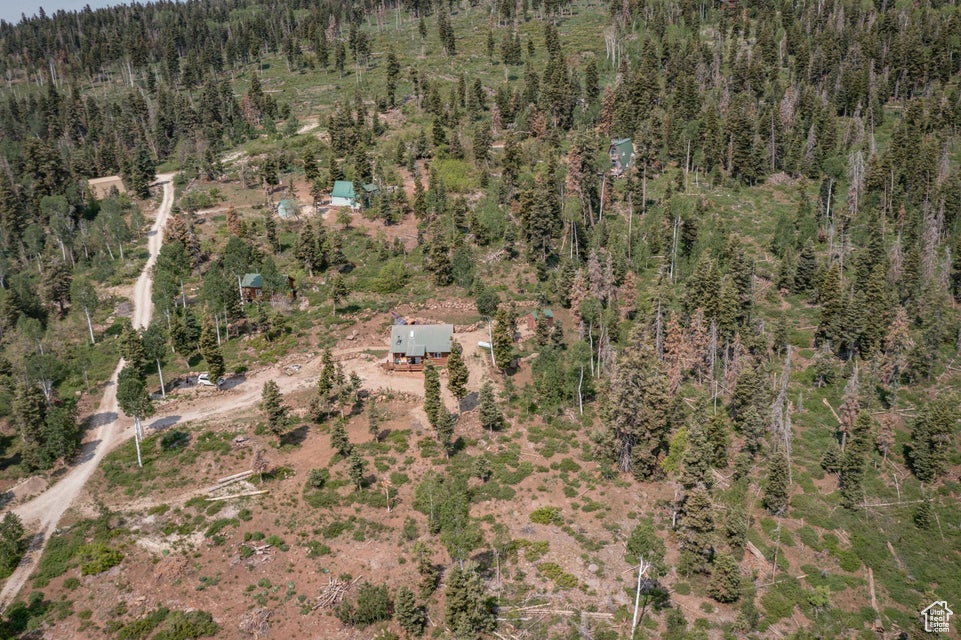 Aerial view of property and surrounding area with a forest