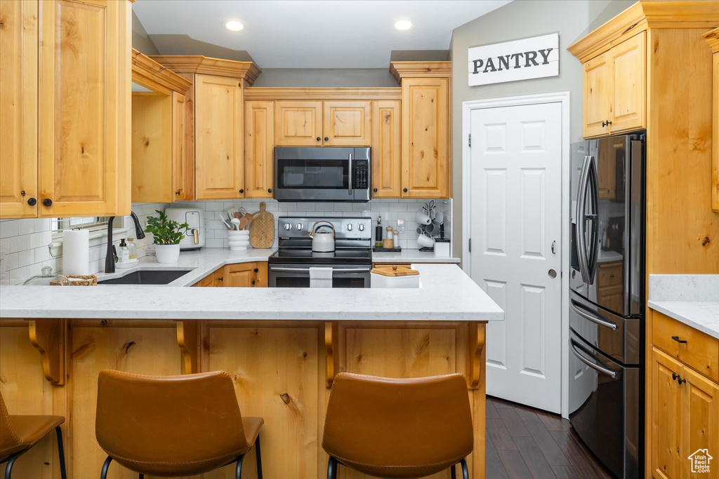 Kitchen featuring stainless steel appliances, a sink, a peninsula, dark wood-type flooring, and light brown cabinets