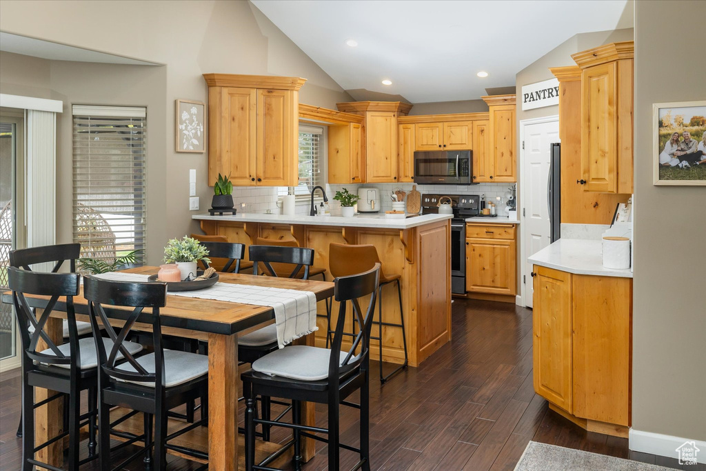Kitchen with appliances with stainless steel finishes, a peninsula, vaulted ceiling, backsplash, and dark wood-style flooring