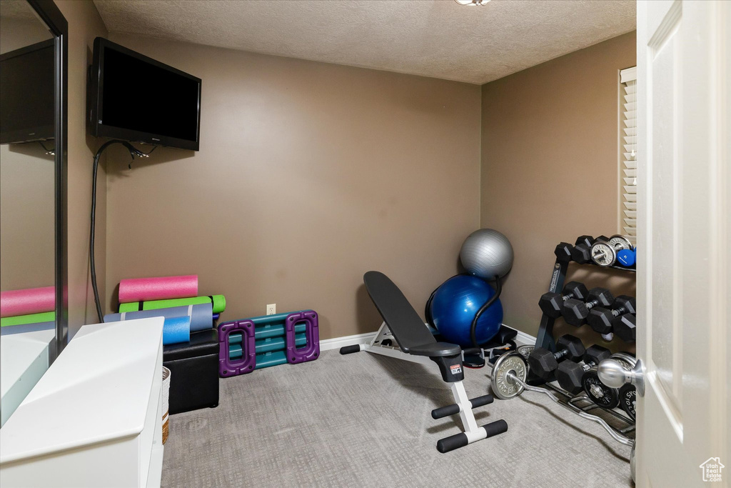 Workout area featuring carpet, baseboards, and a textured ceiling