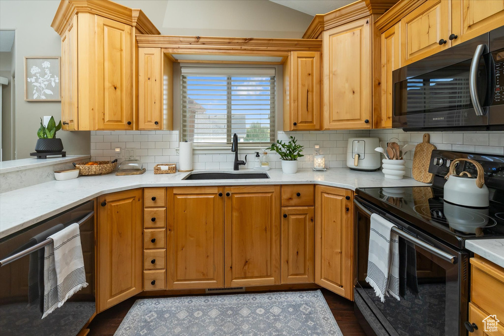 Kitchen with electric range, a sink, tasteful backsplash, dark wood-style floors, and dishwasher