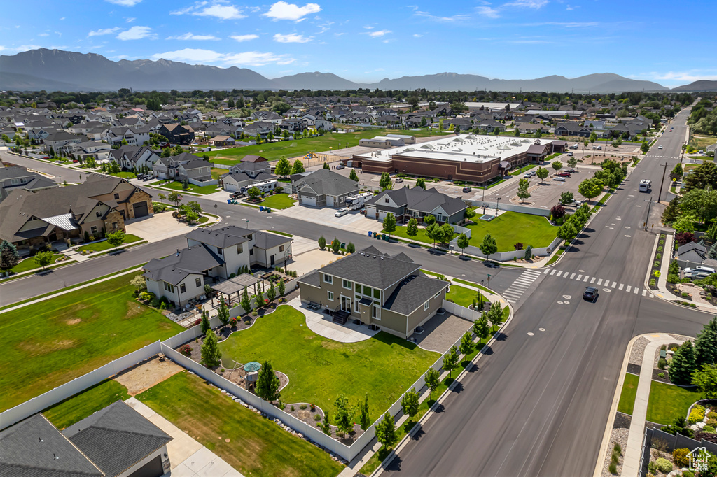 Aerial perspective of suburban area featuring mountains